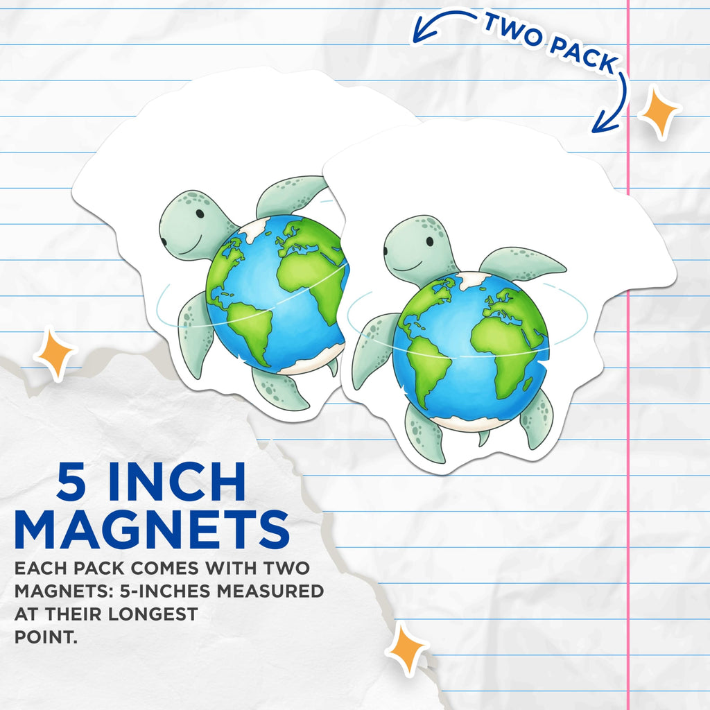 (2 Pack) Earth Turtle Magnets - Global Planet Protector Decor - Environmental Awareness Sea Life Refrigerator Art - 5 Inches On Longest Side - Thick Durable Magnet - Made in USA - MAG21172