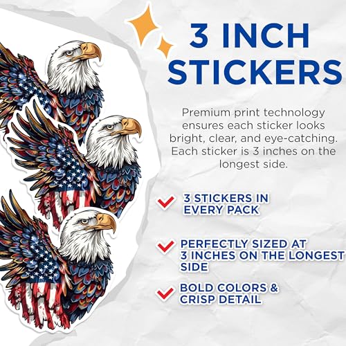 (3 Pack) American Eagle Decals - Patriotic Sticker - Laptop Decal - 3 Inches On Longest Side - Easy Peel & Apply - Made in USA - 3MCS0870