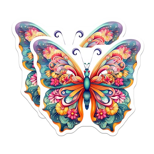 (2 Pack) Colorful Butterfly Stickers - Floral Design Stickers - Artistic Butterfly Stickers for Scrapbooking - 5" On Longest Side - Sticks to Smooth Flat Surfaces - Made in USA - BMCS3793