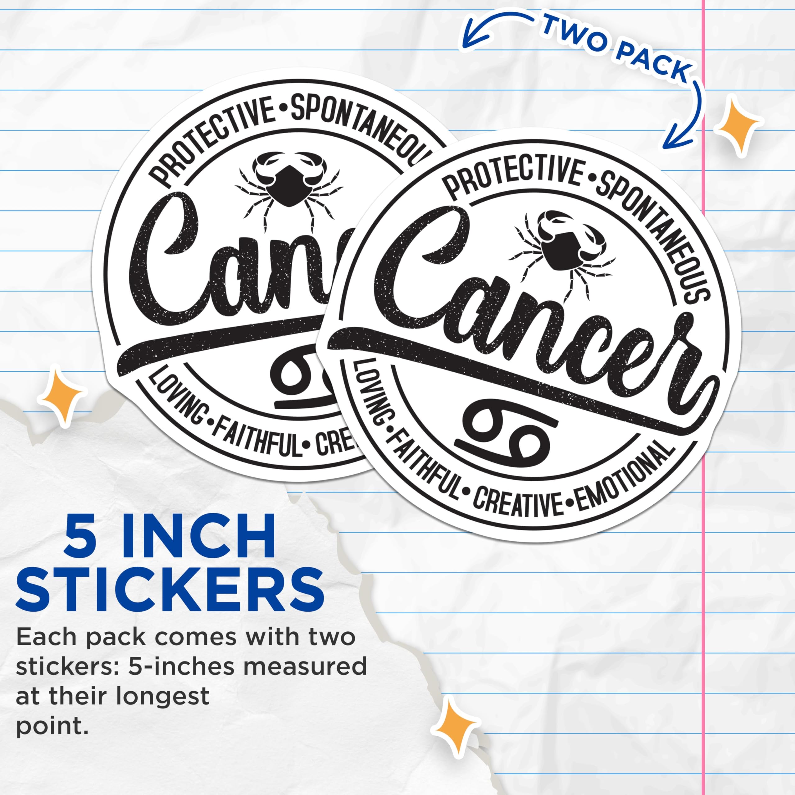 (2 Pack) Cancer Zodiac Sign Stickers - Astrology Sign Stickers - Horoscope Stickers - 5" On Longest Side - Sticks to Smooth Flat Surfaces - Made in USA - BMCS4802