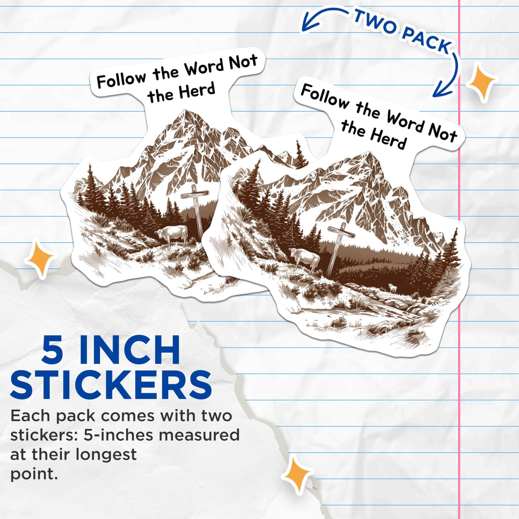 (2 Pack) Inspirational Mountain Stickers - Follow The Word Not The Herd Stickers - Scenic Adventure Stickers - 5" On Longest Side - Sticks to Any Smooth Flat Surface - Made in USA - BMCS3468