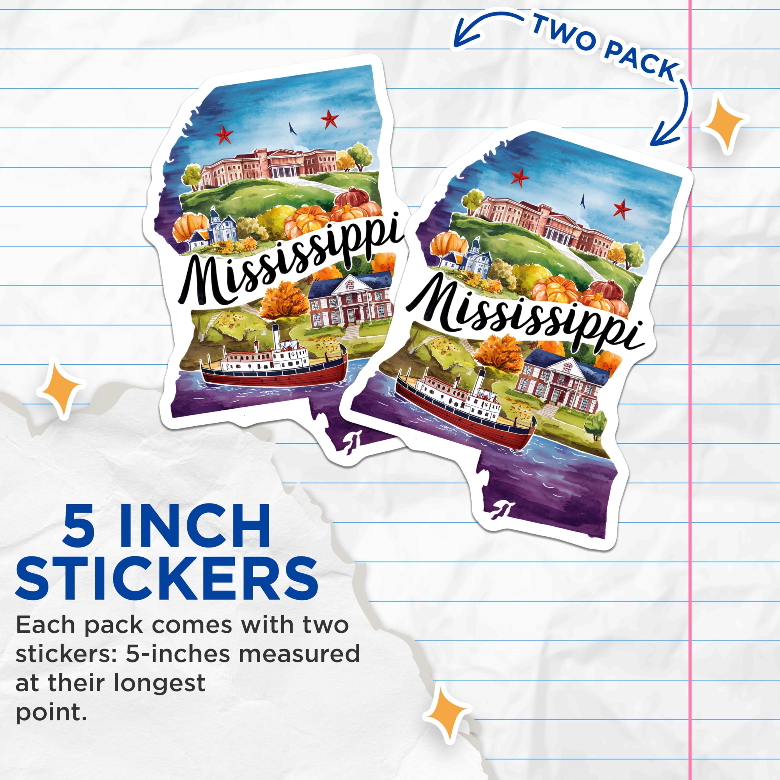 (2 Pack) Mississippi State Stickers - Travel Decal - Unique Scenic Adventure - 5" On Longest Side - Sticks to Smooth Flat Surfaces - Made in USA - BMCS6274
