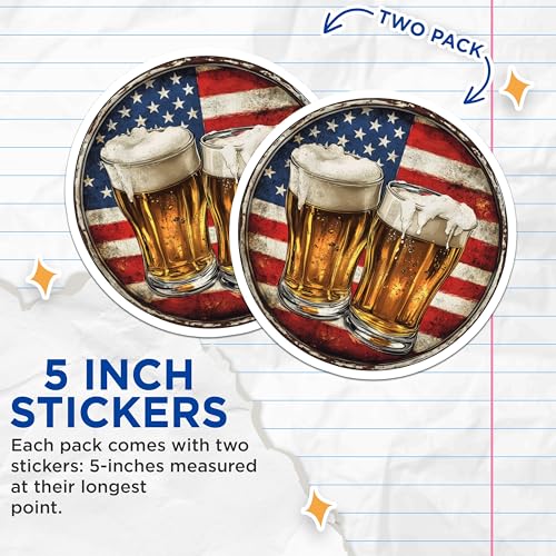 (2 Pack) Beer Pint Stickers - American Flag - Craft Beer Enthusiast - 5" On Longest Side - Sticks to Smooth Flat Surfaces - Made in USA - BMCS9437