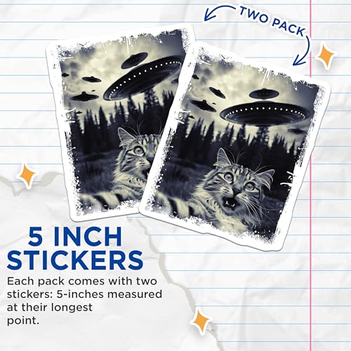 (2 Pack) UFO Cat Stickers - Funny Alien Cat Stickers - Cat Lover Space Stickers - 5" On Longest Side - Sticks to Any Smooth Flat Surface - Made in USA - BMCS3381