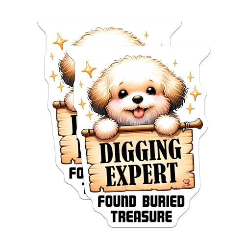 (2 Pack) Digging Expert Stickers - Found Buried Treasure - Cute Dog Stickers - 5" On Longest Side - Sticks to Smooth Flat Surfaces - Made in USA - BMCS3736