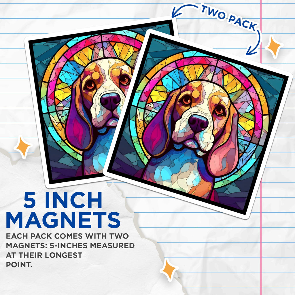 (2 Pack) Beagle Dog Magnets - Stained Glass Style - Artistic Beagle Puppy Decor - 5" On Longest Side - Premium Magnet - for Cars, Refrigerators, Toolboxes, Lockers - Made in USA - MAG16345