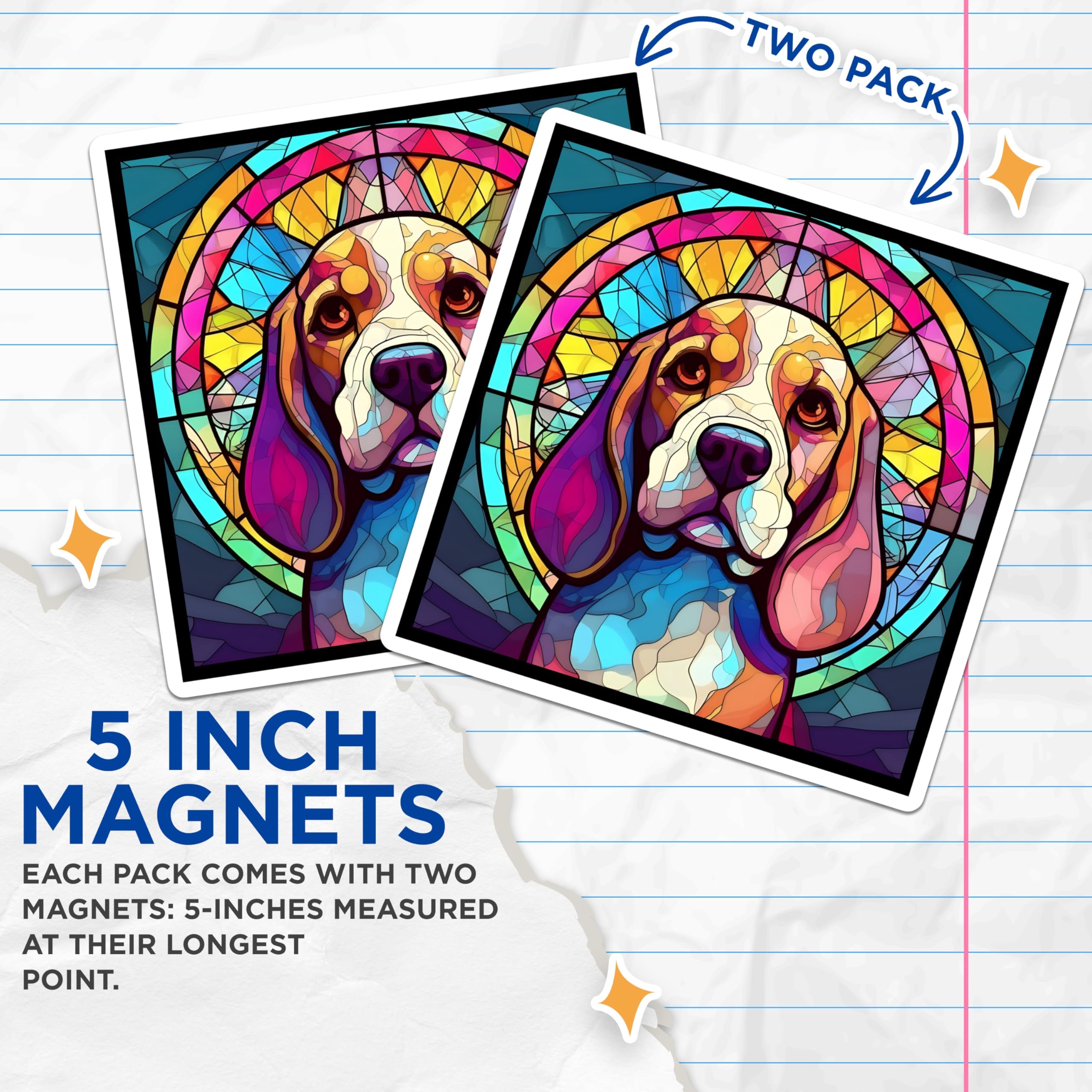 (2 Pack) Beagle Dog Magnets - Stained Glass Style - Artistic Beagle Puppy Decor - 5" On Longest Side - Premium Magnet - for Cars, Refrigerators, Toolboxes, Lockers - Made in USA - MAG16345