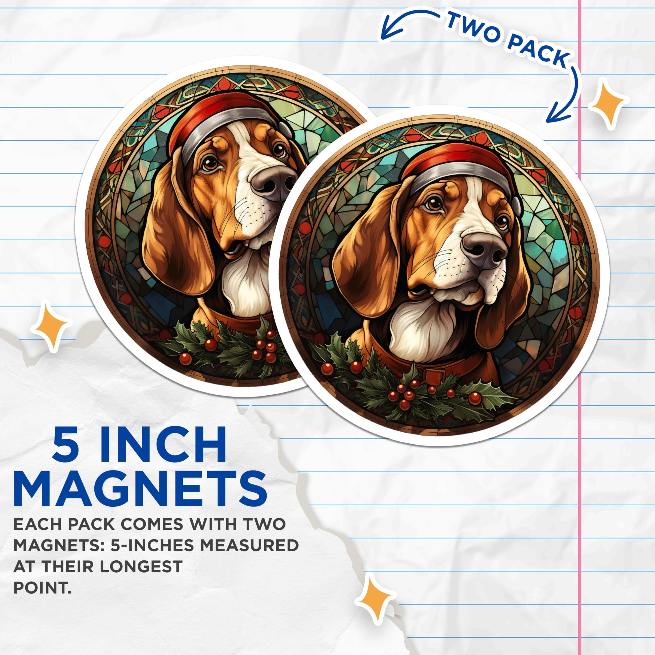 (2 Pack) Basset Hound Christmas Refrigerator Magnets - Stained Glass Dog Art - Festive Pet Lover Decor - 5 Inches On Longest Side - Thick Durable Magnet - Made in USA - MAG26490