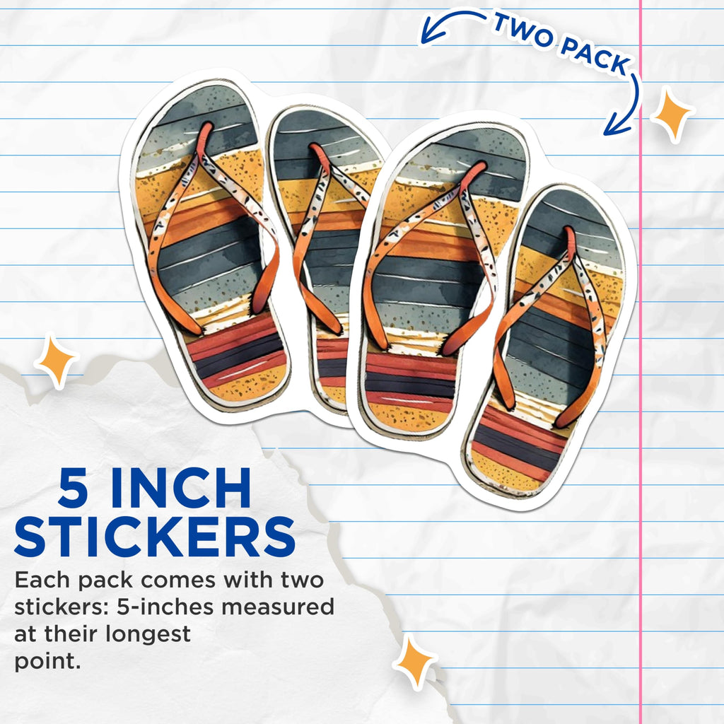 (2 Pack) Flip Flop Stickers - Beach Sandals Sticker - Coastal Summer Vibes Vinyl Decal - 5" On Longest Side - Sticks to Smooth Flat Surfaces - Made in USA - BMCS9333