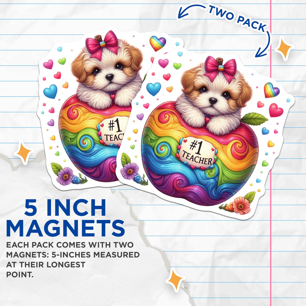 (2 Pack) Teacher Magnets - Puppy Dog Magnets - Rainbow Apple Decor - 5" On Longest Side - Premium Magnet - for Cars, Refrigerators, Toolboxes, Lockers - Made in USA - MAG14242