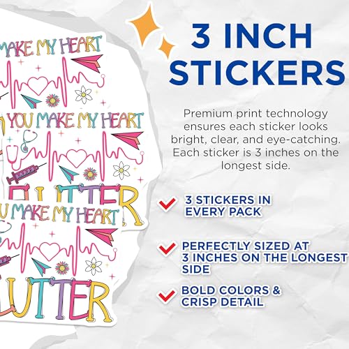(3 Pack) You Make My Heart Flutter Decals - Medical Designs - Nurse Doctor Decals - 3 Inches On Longest Side - Easy Peel & Apply - Made in USA - 3MCS7896