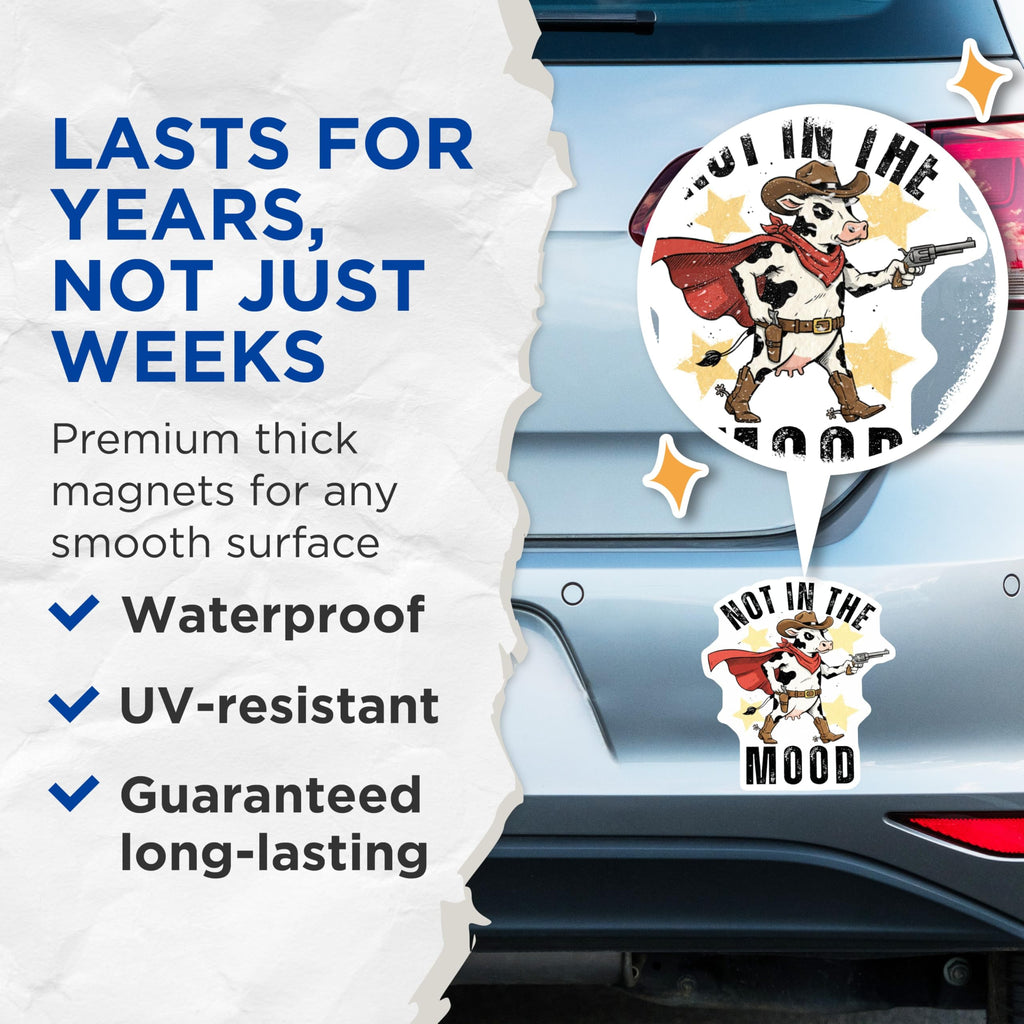 (2 Pack) Cowboy Cow Magnets - Not in The Mood - Funny Fridge Decor Magnets - 5" On Longest Side - Premium Magnet - for Cars, Refrigerators, Toolboxes, Lockers - Made in USA - MAG14310