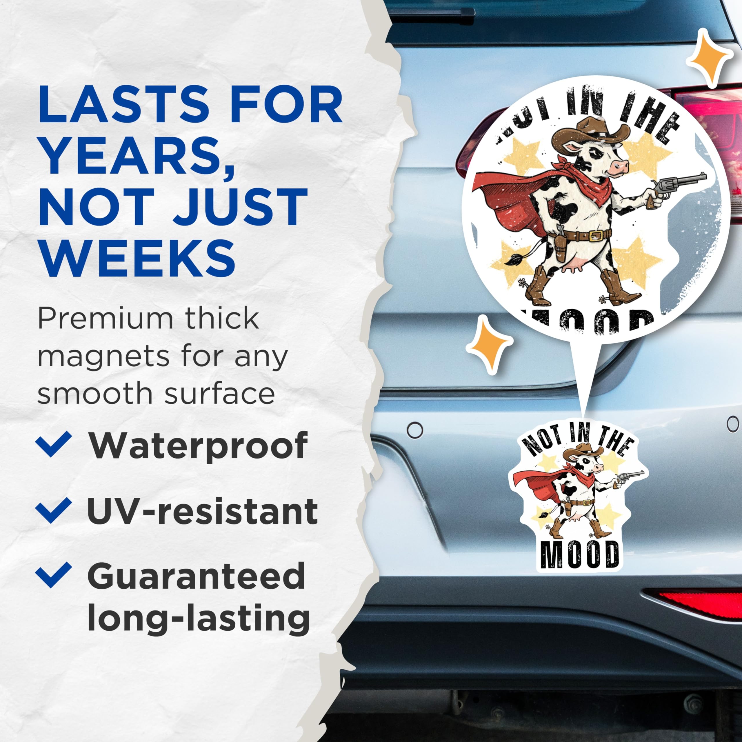 (2 Pack) Cowboy Cow Magnets - Not in The Mood - Funny Fridge Decor Magnets - 5" On Longest Side - Premium Magnet - for Cars, Refrigerators, Toolboxes, Lockers - Made in USA - MAG14310