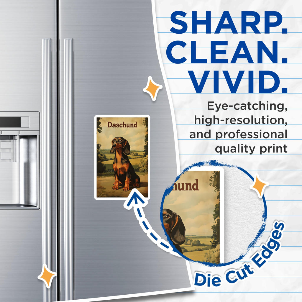 (2 Pack) Dachshund Magnets - Charming Wiener Dog Artwork - Retro Dog Breed Countryside Farmhouse Refrigerator Decor - 5 Inches On Longest Side - Thick Durable Magnet - Made in USA - MAG22148