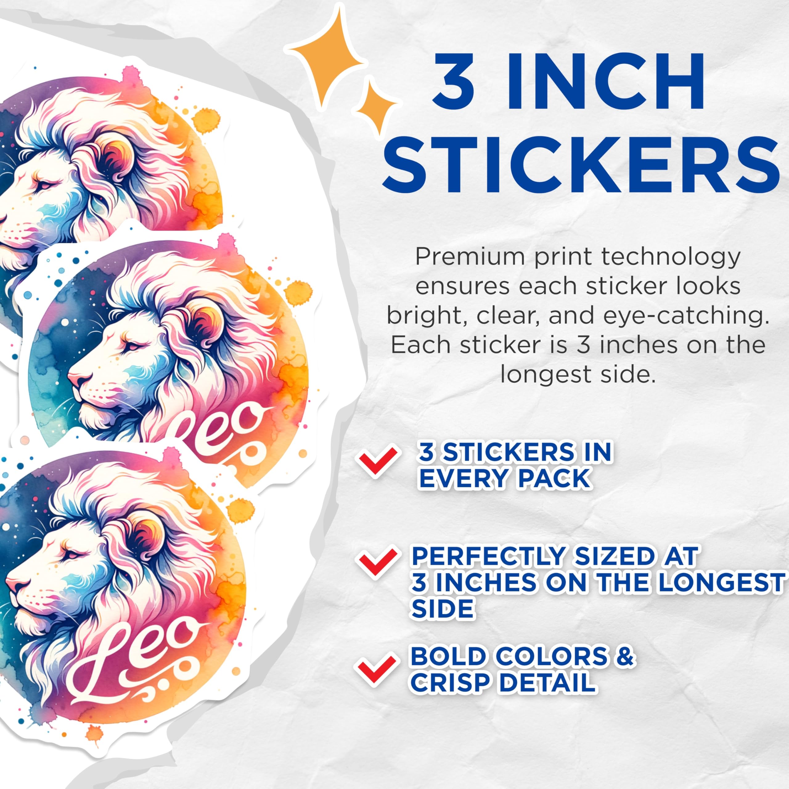 (3 Pack) Leo Zodiac Decals - Lion Astrology Sign - Colorful Horoscope Laptop Decal- 3 Inches On Longest Side - Easy Peel & Apply - Made in USA - 3MCS5647