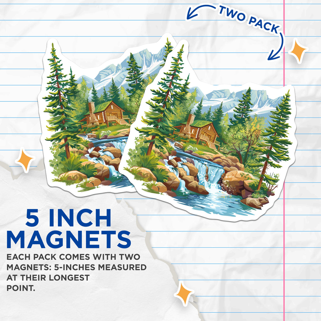 (2 Pack) Log Cabin Waterfall Magnets - Rustic Nature Decor - Mountain Forest Scene Fridge Magnet - 5 Inches On Longest Side - Thick Durable Magnet - Made in USA - MAG37262