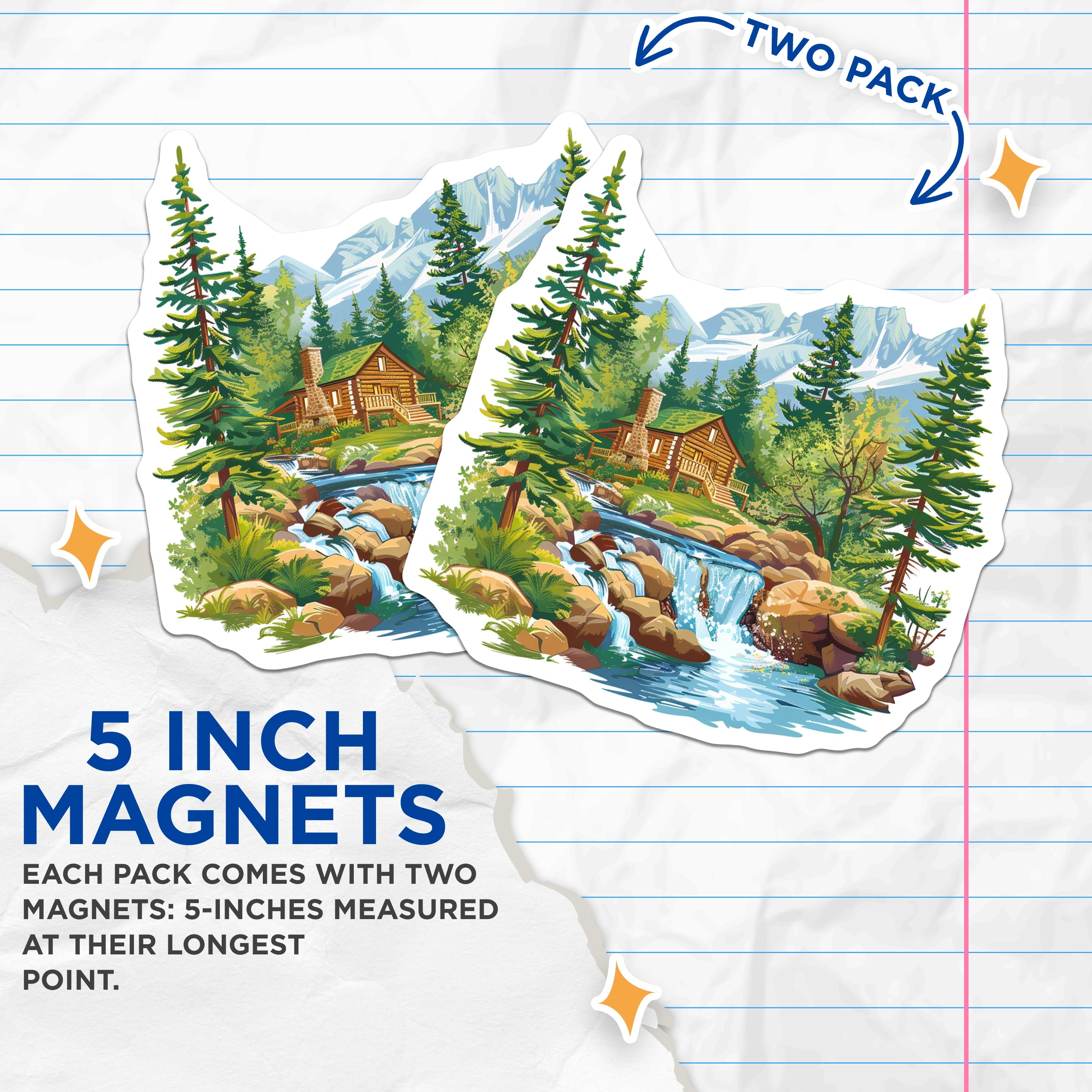 (2 Pack) Log Cabin Waterfall Magnets - Rustic Nature Decor - Mountain Forest Scene Fridge Magnet - 5 Inches On Longest Side - Thick Durable Magnet - Made in USA - MAG37262