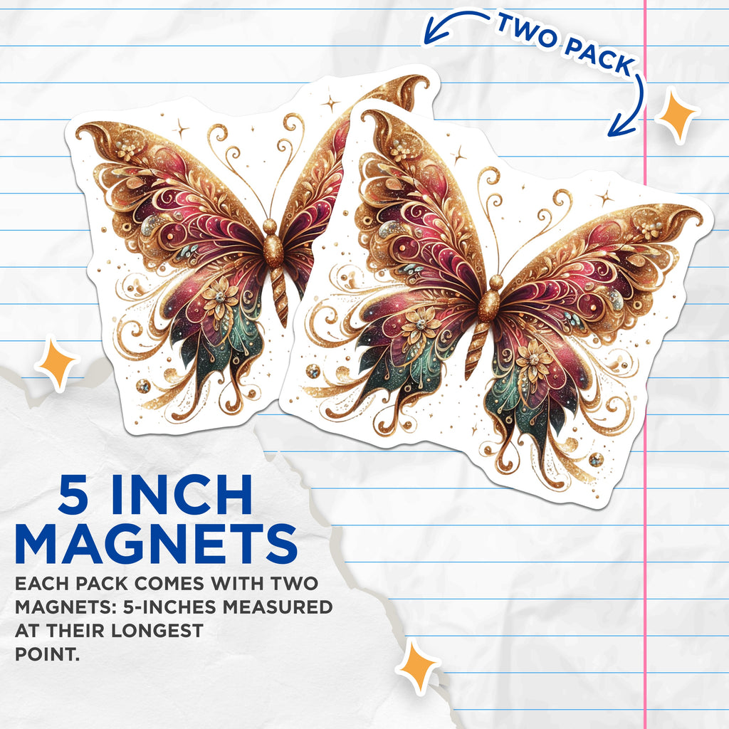 (2 Pack) Ornate Butterfly Magnets - Jewel Tone Decor - Mystical Fridge Locker Art - 5 Inches On Longest Side - Thick Durable Magnet - Made in USA - MAG39615