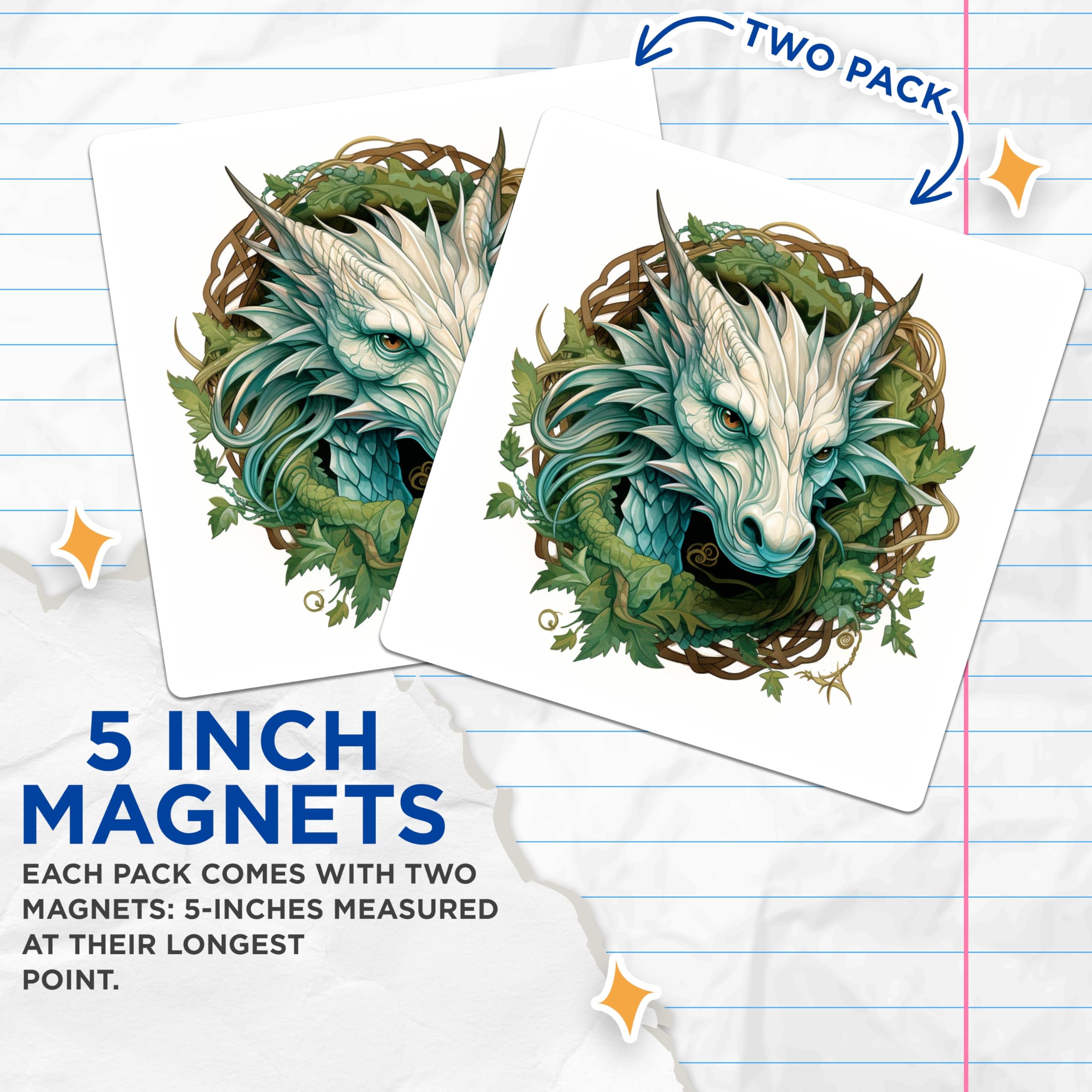 (2 Pack) Legendary White Dragon Head Magnets - Mystical Fantasy Art - Emerald Green Vine Refrigerator Decor Collectible - 5 Inches On Longest Side - Thick Durable Magnet - Made in USA - MAG24025