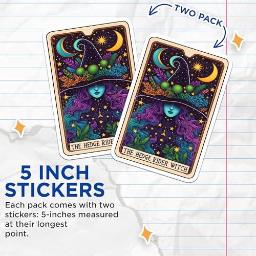 (2 Pack) The Hedge Rider Witch Stickers - Magical Witch Art Stickers - Fantasy Celestial Witch Stickers - 5" On Longest Side - Sticks to Smooth Flat Surfaces - Made in USA - BMCS5428