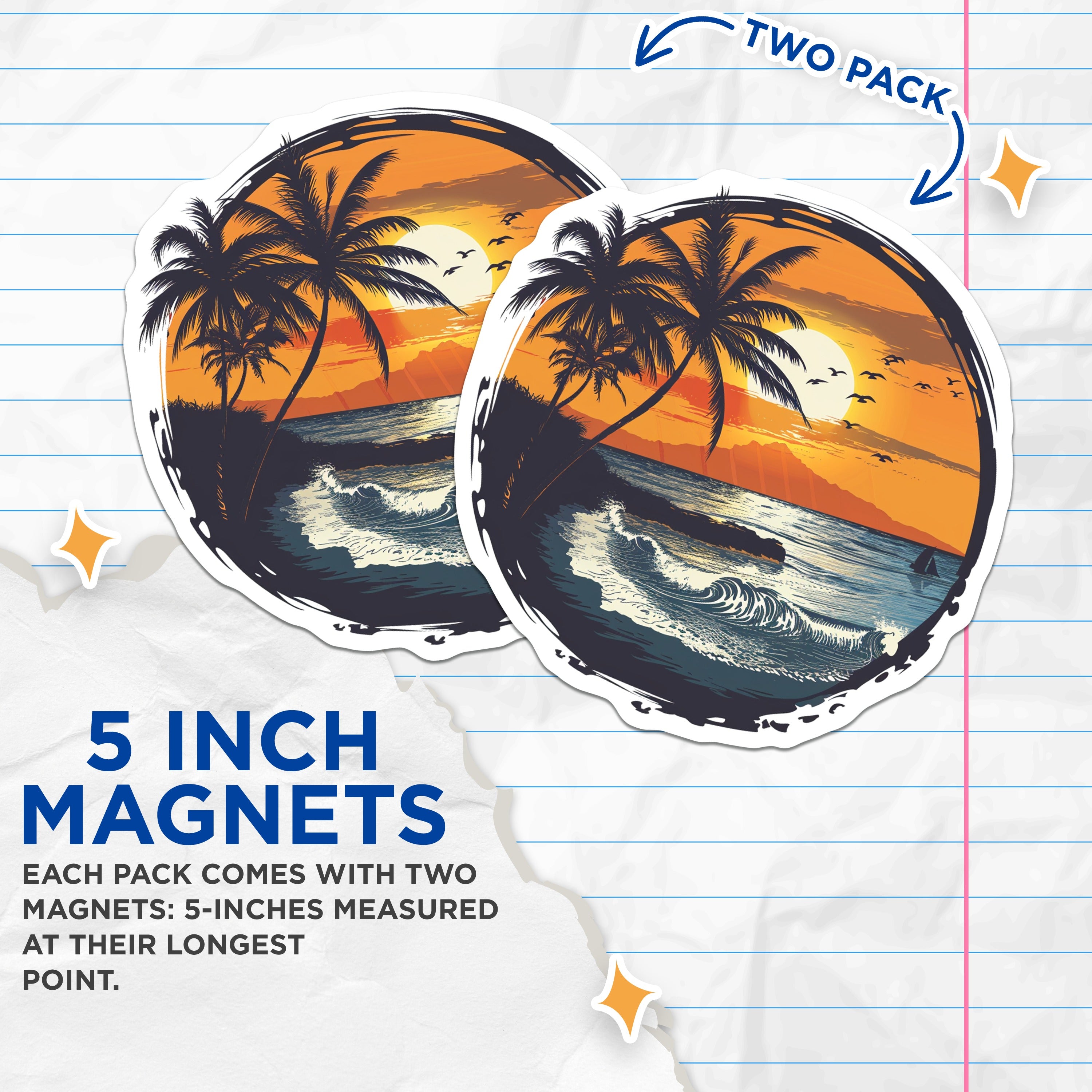 (2 Pack) Tropical Sunset Magnets - Coastal Beach Decor - Palm Tree Ocean Scene - Summer Vacation Souvenir - 5 Inches On Longest Side - Thick Durable Magnet - Made in USA - MAG39607