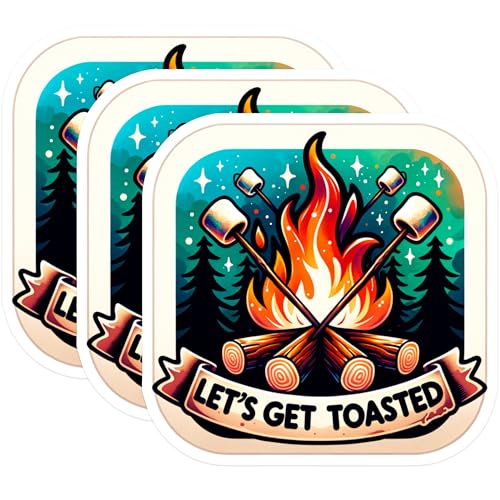 (3 Pack) Let's Get Toasted Decals - Campfire Marshmallow Decal - Funny Laptop Decals- 3 Inches On Longest Side - Easy Peel & Apply - Made in USA - 3MCS5775
