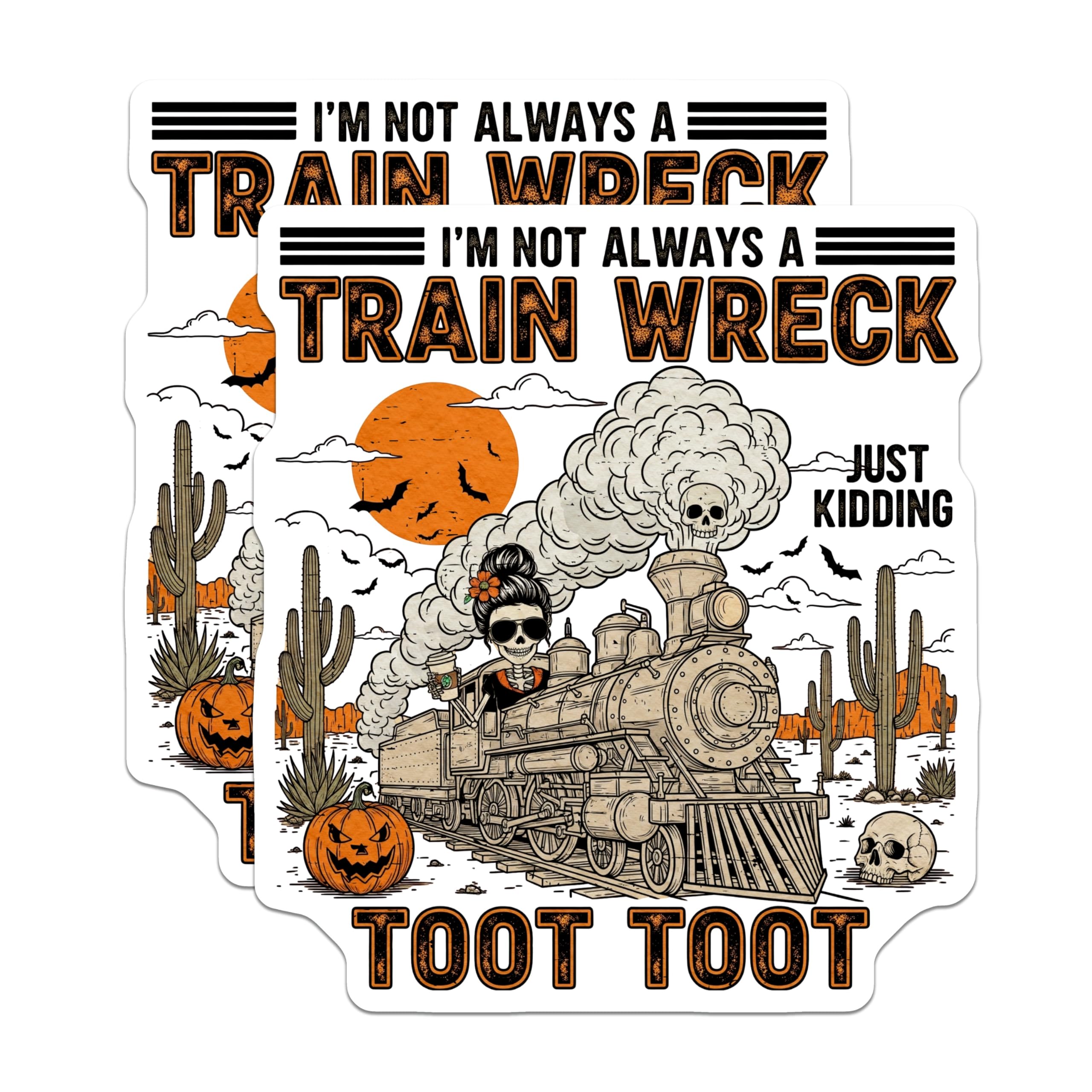 (2 Pack) Train Wreck Magnets - Skeleton Steam Train - Funny Halloween Refrigerator Magnets - 5" On Longest Side - Premium Magnet - for Cars, Refrigerators, Toolboxes, Lockers - Made in USA - MAG16083