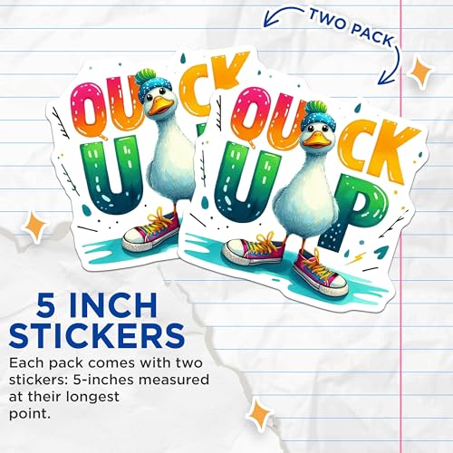 (2 Pack) Funny Duck Stickers - Cute Animal Decal - Quack Up Art Vinyl Stickers - 5" On Longest Side - Sticks to Smooth Flat Surfaces - Made in USA - BMCS6342
