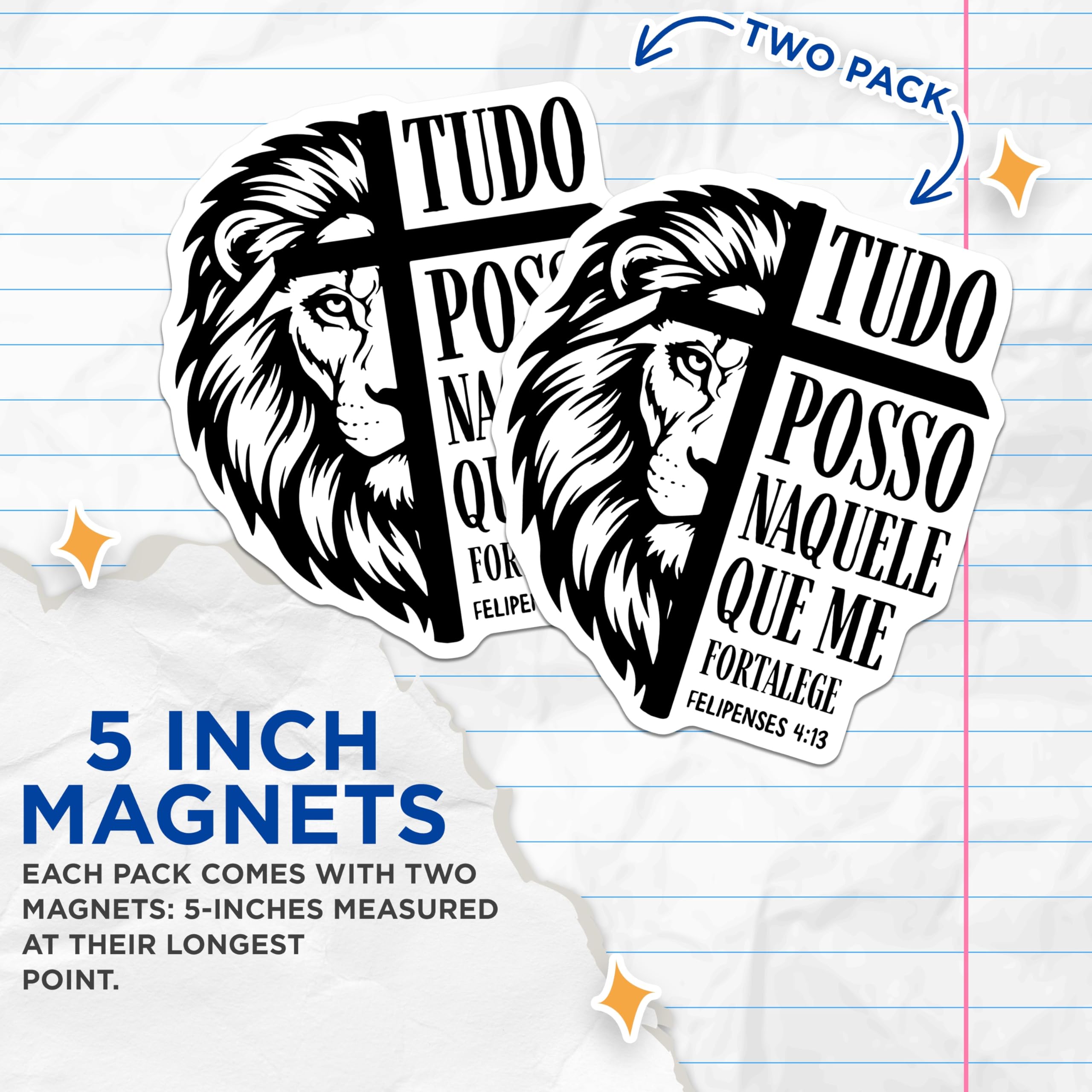 (2 Pack) Lion Cross Magnets - Religious Verse - Christian Lion Art Fridge Decals - 5" On Longest Side - Premium Magnet - for Cars, Refrigerators, Toolboxes, Lockers - Made in USA - MAG15956