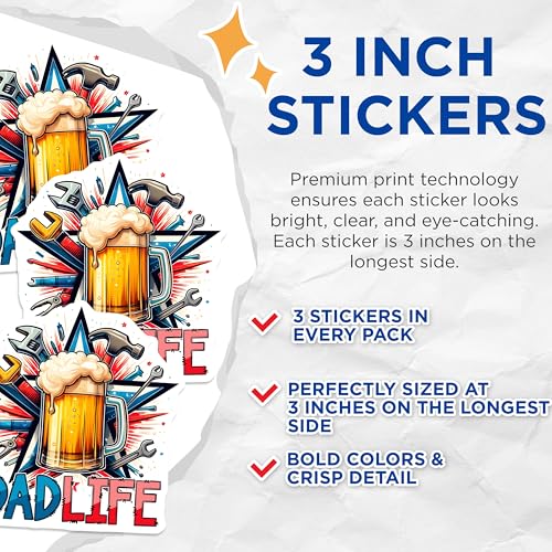 (3 Pack) Dad Life Decals - Beer Tools Decal - Fatherhood Fun Stickers - 3 Inches On Longest Side - Easy Peel & Apply - Made in USA - 3MCS6228
