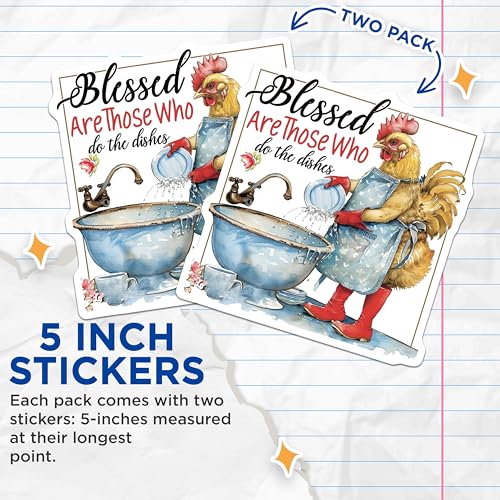 (2 Pack) Blessed are Those Who Do The Dishes Stickers - Funny Chicken Washing Dishes - Unique Kitchen - 5" On Longest Side - Sticks to Smooth Flat Surfaces - Made in USA - BMCS4366