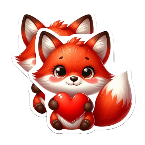 (2 Pack) Cute Fox with Heart Stickers - Animal Lover Stickers - Cartoon Fox Decals - Cute Animal Stickers for Kids - 5" On Longest Side - Sticks to Smooth Flat Surfaces - Made in USA - BMCS3681