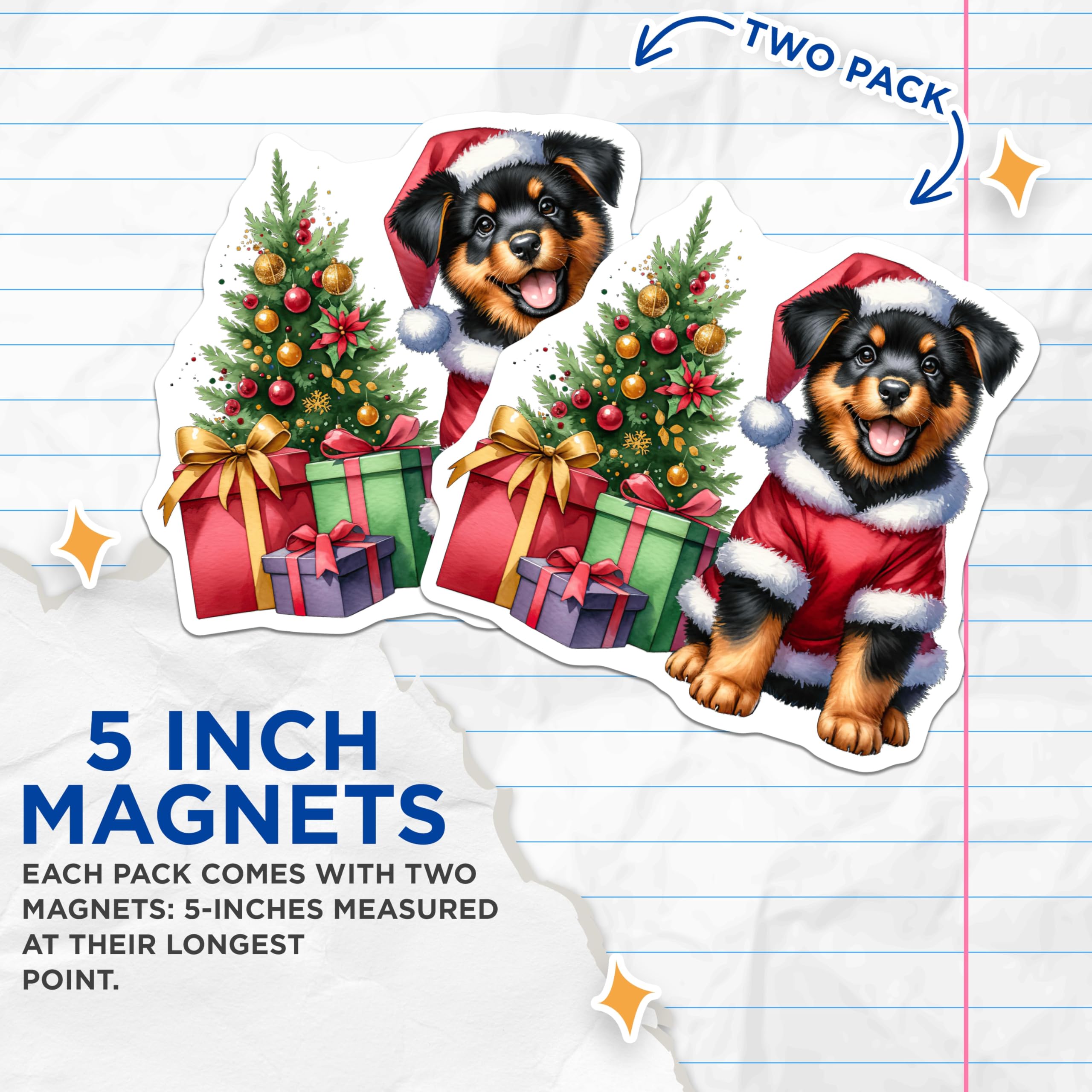(2 Pack) Christmas Puppy Magnets - Santa Dog Holiday Decor - Cute Rottie Pet Lover Seasonal Kitchen Fridge Accent - 5 Inches On Longest Side - Thick Durable Magnet - Made in USA - MAG26107