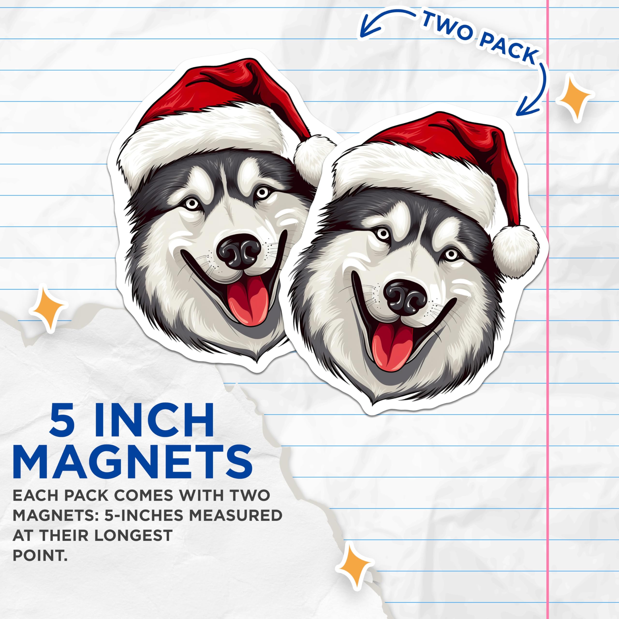 (2 Pack) Husky Dog Magnets - Santa Hat Christmas Pet - Winter Holiday Canine Decor - 5 Inches On Longest Side - Thick Durable Magnet - Made in USA - MAG24721