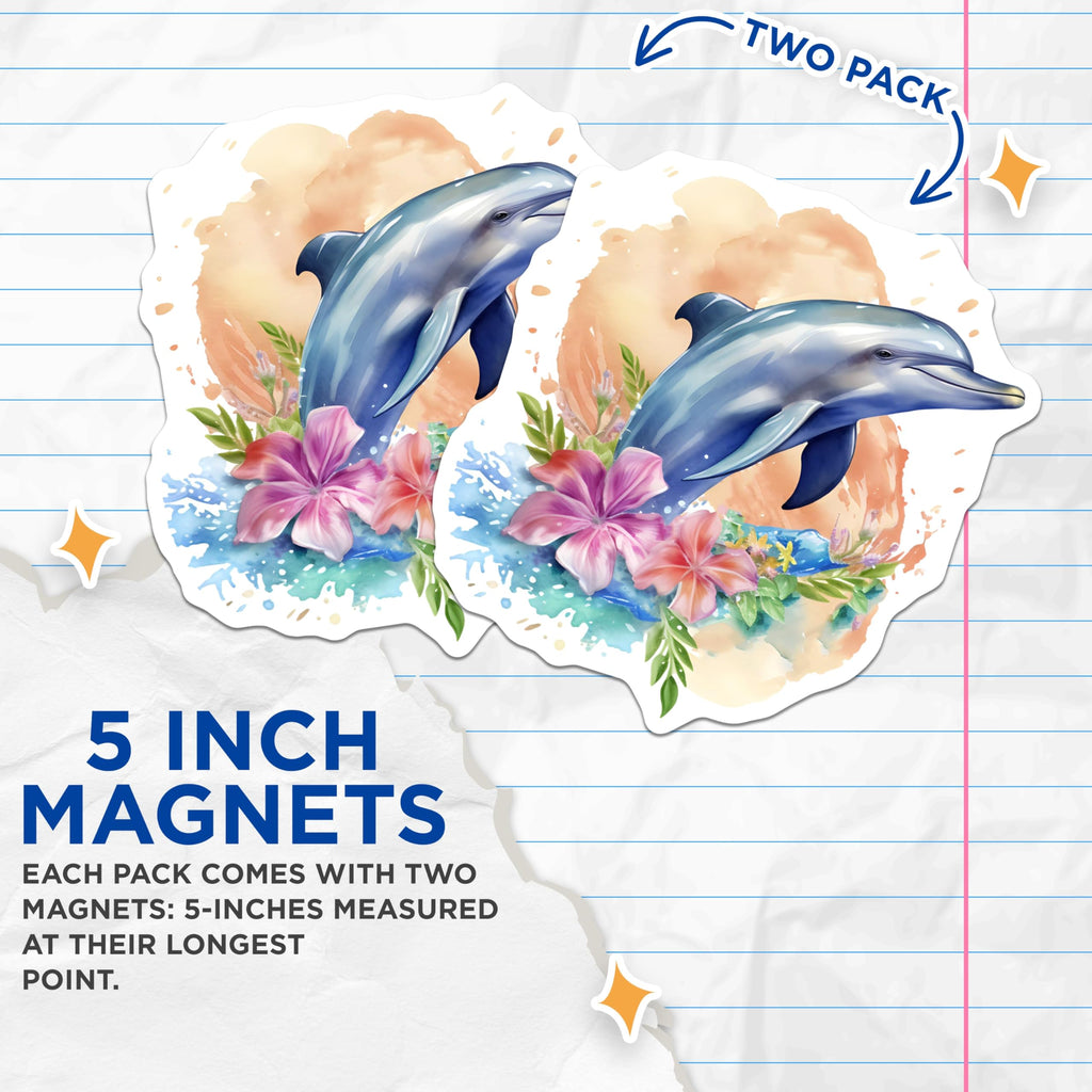 (2 Pack) Leaping Dolphin Magnets - Vibrant Watercolor Ocean Art - Tropical Flower Aesthetic - Marine Life Decor Fridge Locker - 5 Inches On Longest Side - Thick Durable Magnet - Made in USA - MAG23143
