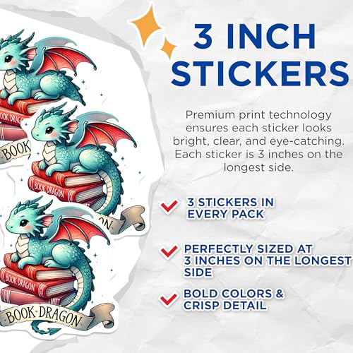 (3 Pack) Book Dragon Decals - Cute Dragon Art - Laptop Stickers - 3 Inches On Longest Side - Easy Peel & Apply - Made in USA - 3MCS6020