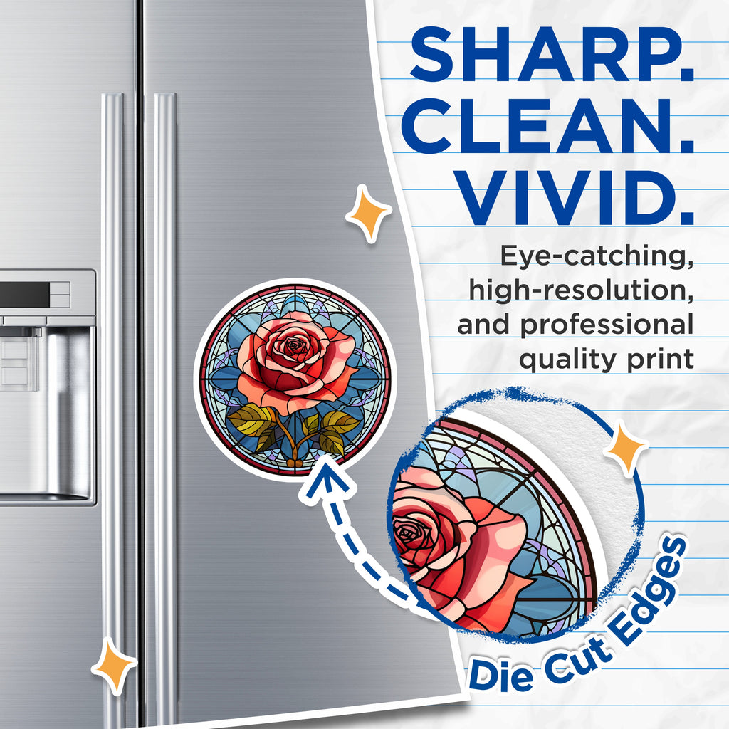 (2 Pack) Faux Stained Glass Rose Magnets - Art Nouveau Floral Decor - Botanical Fridge Accents - 5 Inches On Longest Side - Thick Durable Magnet - Made in USA - MAG37198