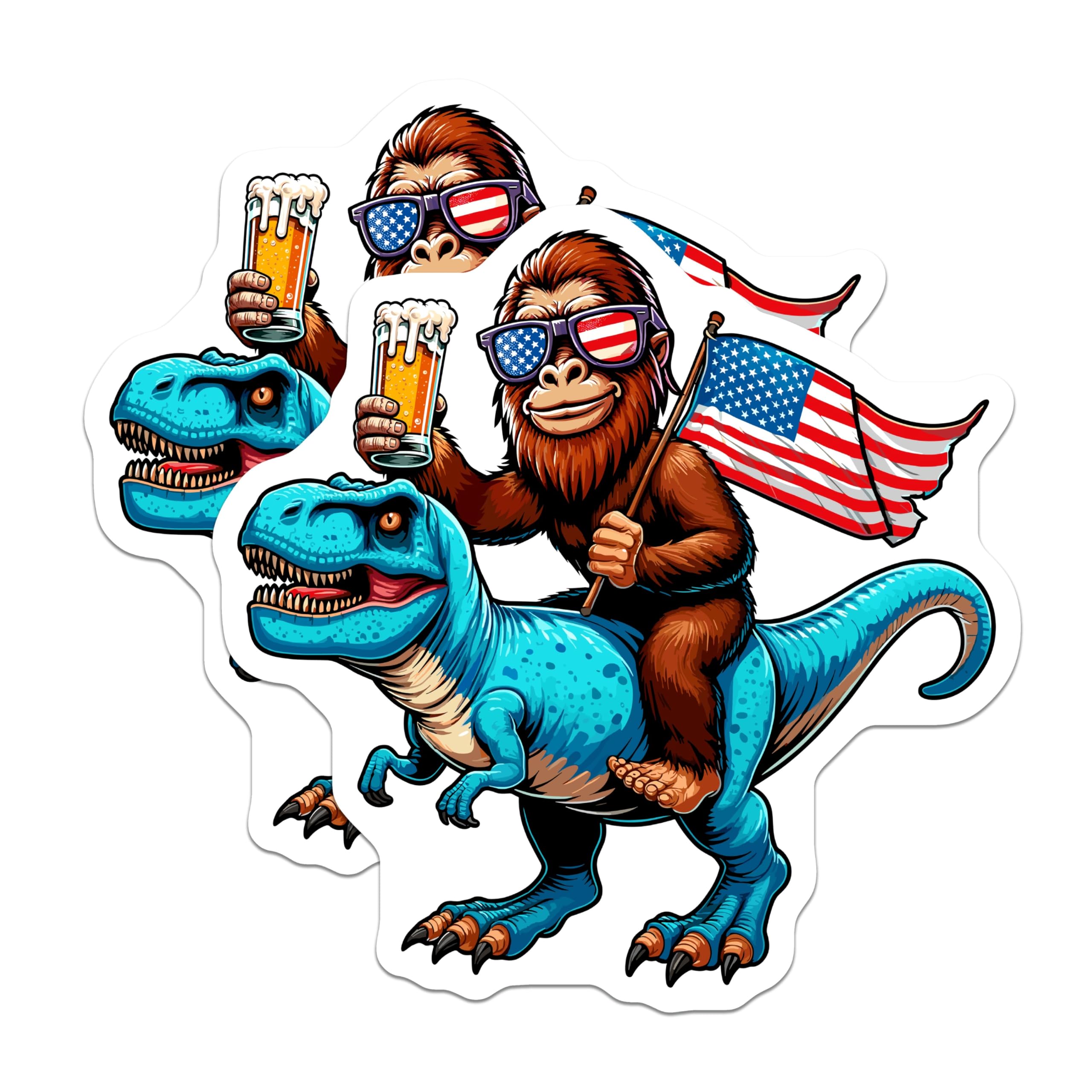 (2 Pack) Bigfoot Magnets - Dinosaur Rider - Patriotic Sasquatch - American Flag Beer Drinker - Funny Cryptid Tyrannosaurus - 5 Inches On Longest Side - Thick Durable Magnet - Made in USA - MAG20595