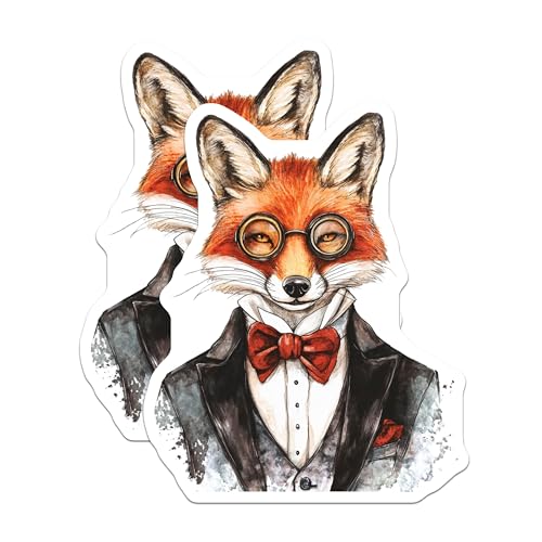 (2 Pack) Fox with Glasses Stickers - Animal Cartoon - Cute Fox Art - 5" On Longest Side - Sticks to Smooth Flat Surfaces - Made in USA - BMCS9495