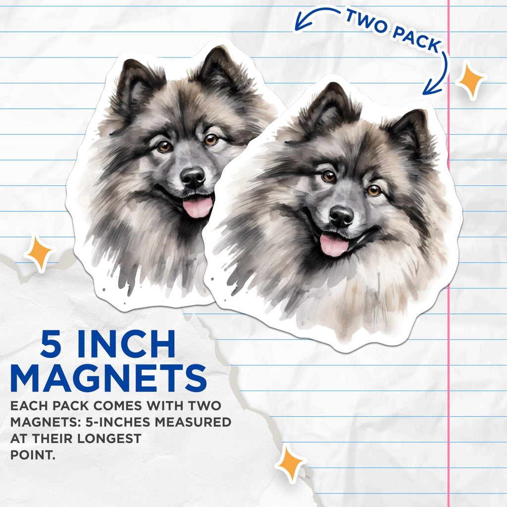 (2 Pack) Happy Keeshond Magnets - Watercolor Pet Art - Dog Mom Refrigerator Magnets - 5 Inches On Longest Side - Thick Durable Magnet - Made in USA - MAG25466