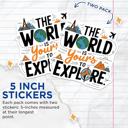 (2 Pack) Adventure Travel Stickers - World Map - Inspirational Travel - Explore The World - 5" On Longest Side - Sticks to Smooth Flat Surfaces - Made in USA - BMCS5807