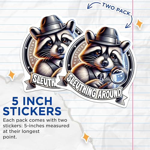 (2 Pack) Detective Raccoon Sleuthing Stickers - Cute Animal Detective Art - Adorable Raccoon Theme Stickers - 5" On Longest Side - Sticks to Smooth Flat Surfaces - Made in USA - BMCS4540