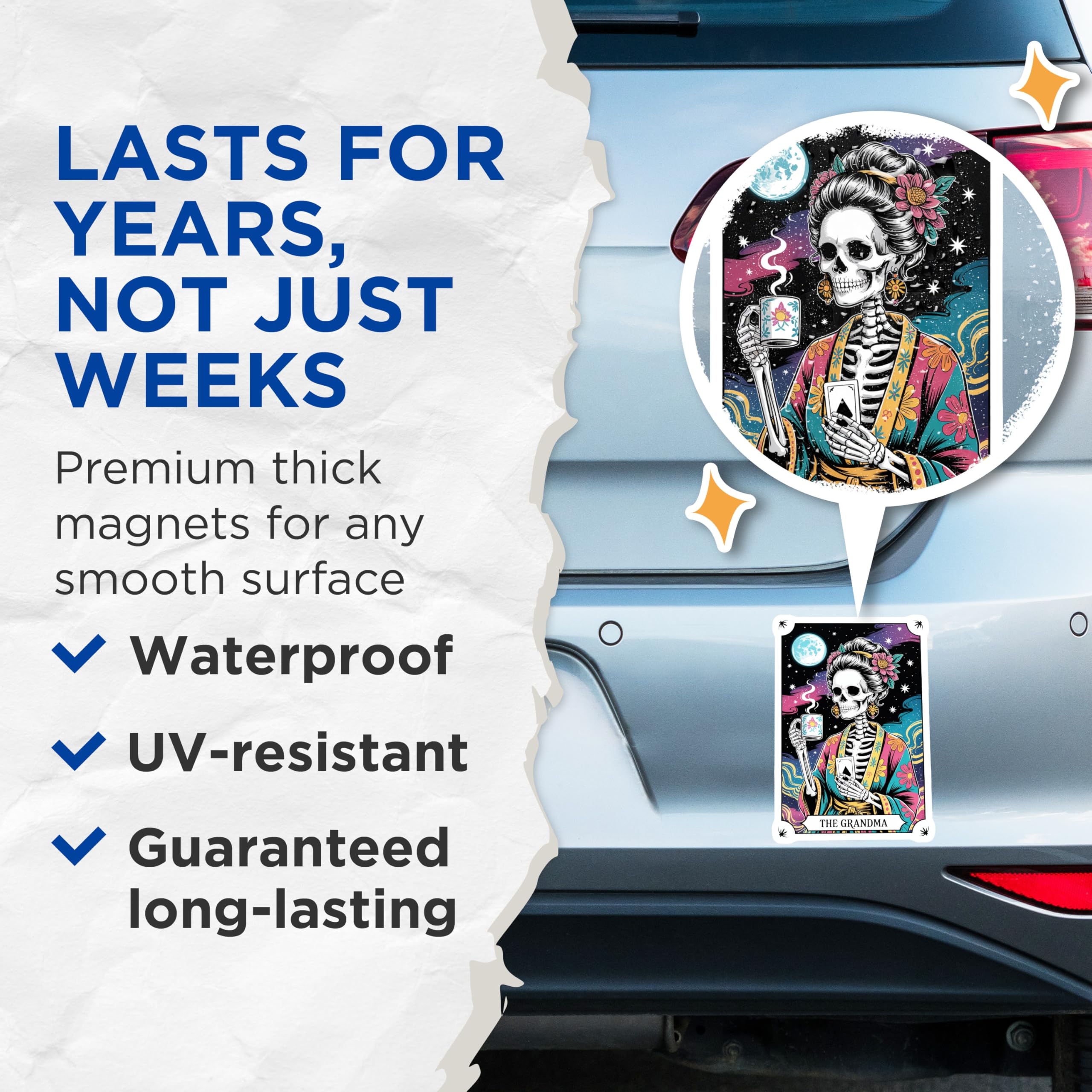 (2 Pack) The Grandma Tarot Card Magnets - Skeleton Day of the Dead Fridge Art - Cosmic Moon Witchy Kitchen Decor - 5 Inches On Longest Side - Thick Durable Magnet - Made in USA - MAG20441