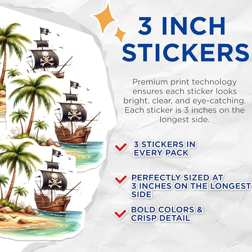 (3 Pack) Pirate Ship Decals - Island Decal - Laptop Decal- 3 Inches On Longest Side - Easy Peel & Apply - Made in USA - 3MCS5534