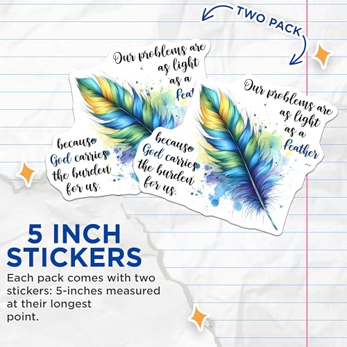 (2 Pack) Inspirational Quote Feather Stickers - Uplifting Faith - Motivational Christian Quote - 5" On Longest Side - Sticks to Smooth Flat Surfaces - Made in USA - BMCS7553