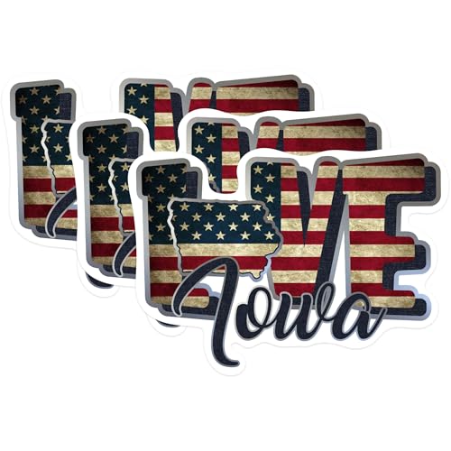 (3 Pack) Iowa Love Decals - USA Flag - State Pride Laptop Decals - 3 Inches On Longest Side - Easy Peel & Apply - Made in USA - 3MCS0306