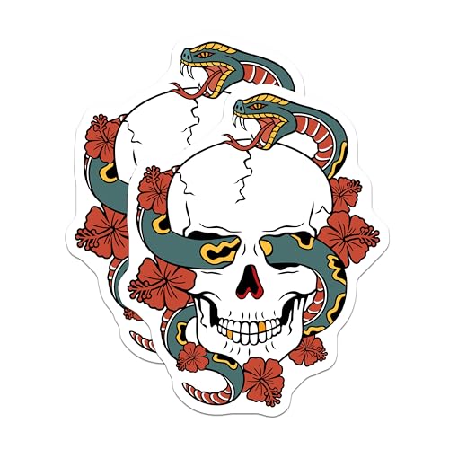 (2 Pack) Skull and Snake Stickers - Floral Skull Design - Horror Tattoo Decal - 5" On Longest Side - Sticks to Smooth Flat Surfaces - Made in USA - BMCS6237