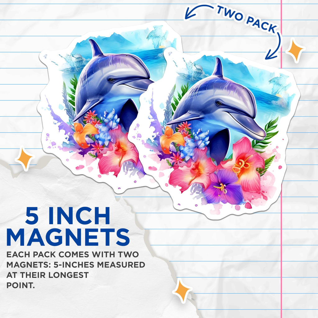 (2 Pack) Ocean Dolphin Magnets - Tropical Flowers Decor - Marine Life Art Refrigerator Magnets - 5 Inches On Longest Side - Thick Durable Magnet - Made in USA - MAG21374