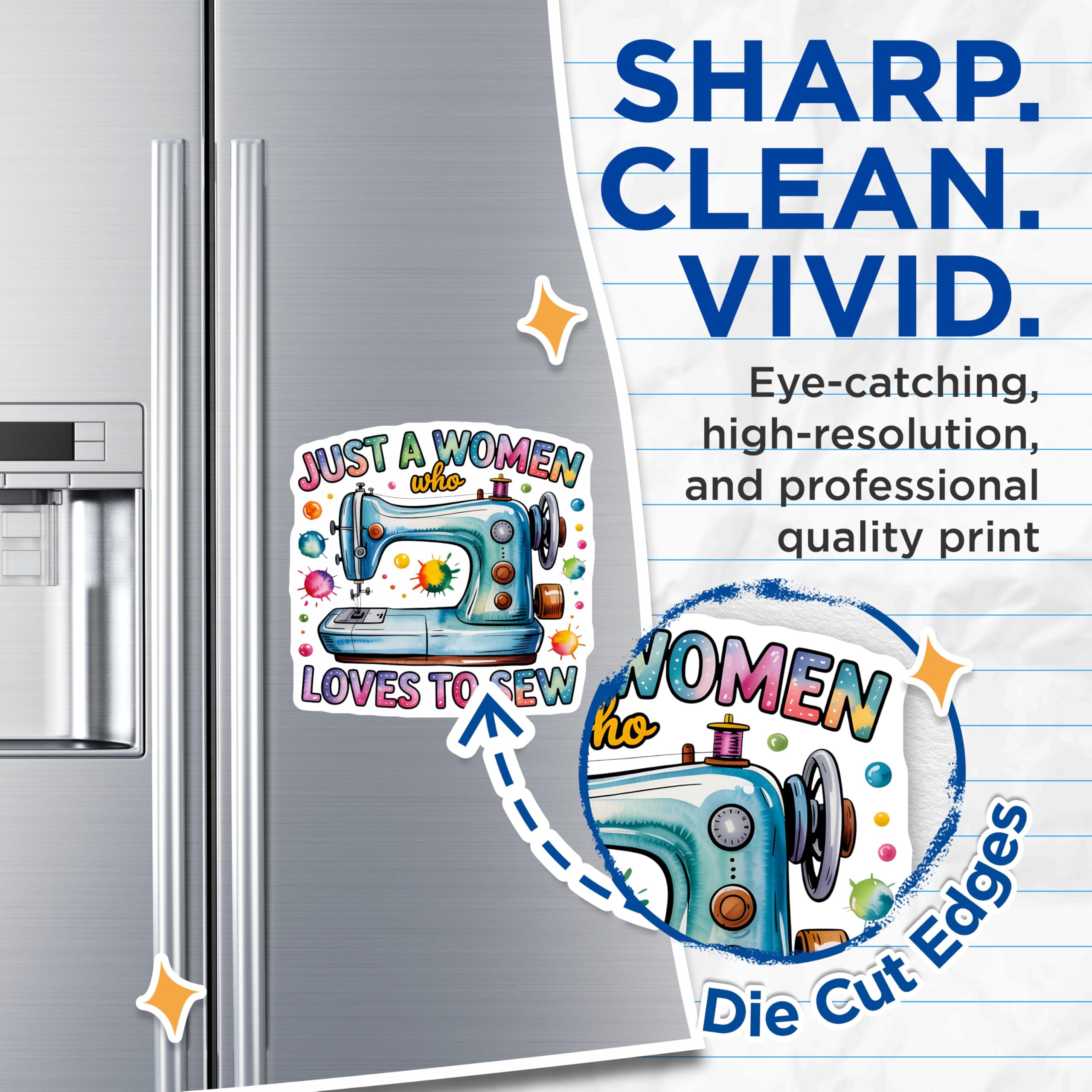 (2 Pack) Sewing Machine Magnets - Woman Who Loves to Sew - Crafter Refrigerator Decor - 5 Inches On Longest Side - Thick Durable Magnet - Made in USA - MAG29823