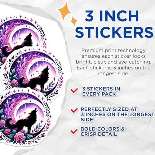 (3 Pack) Wolf Howling Decals - Floral Crescent Moon - Laptop Decals - 3 Inches On Longest Side - Easy Peel & Apply - Made in USA - 3MCS6832